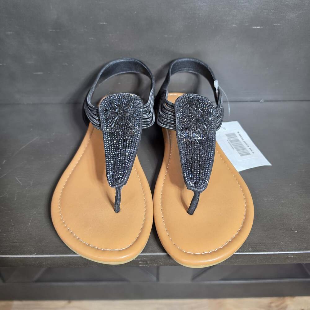Steve Madden Rhinestone T Strap Flat Sandals Size 8 Medium Black New